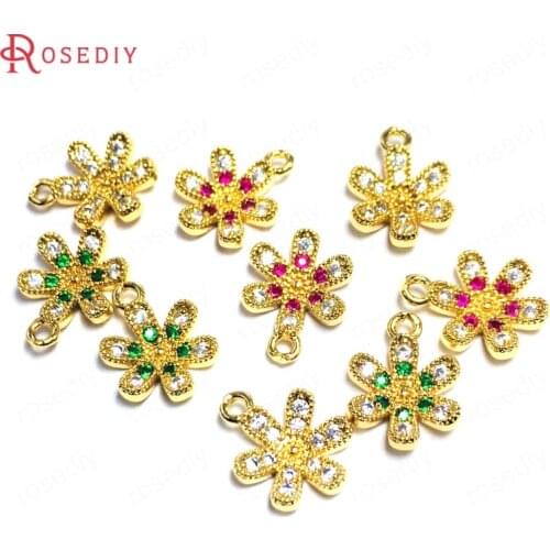 38810)10PCS 10x13MM 24K Champagne Gold Color Brass and Zircon Flower Charms Pendants Jewelry Making Supplies Diy Accessories
