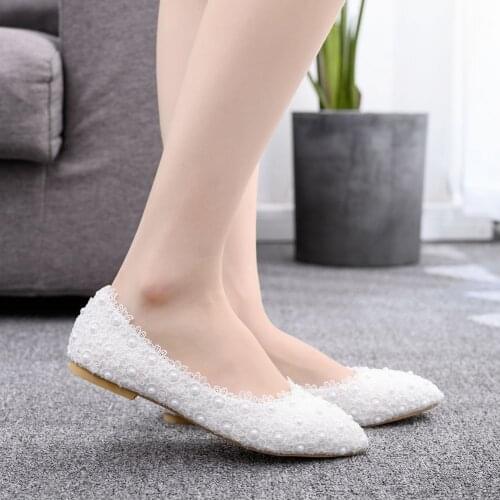 White Lace Flats Wedding Bridal Shoes Handmade Shoes For Pregnant Women Bridesmaid Party Dancing Shoes