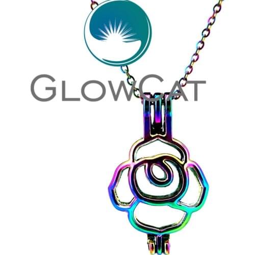 CC393 Rainbow Rose Flower Beads Cage Pendant Essential Oil Diffuser Aroma Pearl Cage Locket Necklace Valentines Day