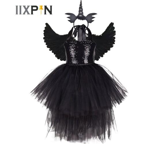 Kids Girls Vampire Witch Clothes Cosplay Costume Sequins High-Low Fancy Dress Up Halloween Costumes Childrens Roleplay Clothing