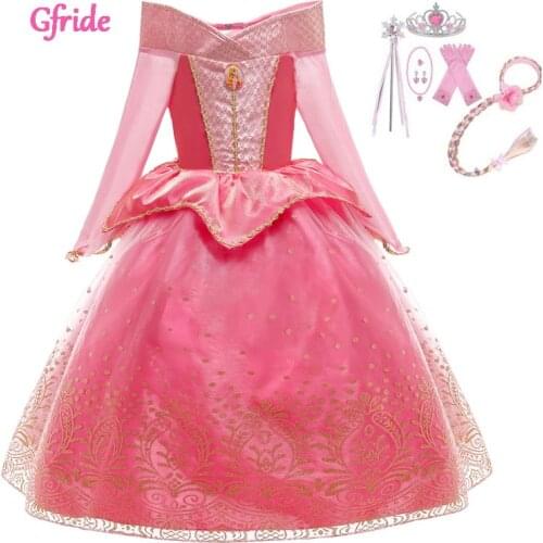 Pink Girls Aurora Cosplay Costume Dress Up Children Summer Cosplay Party Dress Kids Toddler Rapunzel Wig Role Playing Frocks