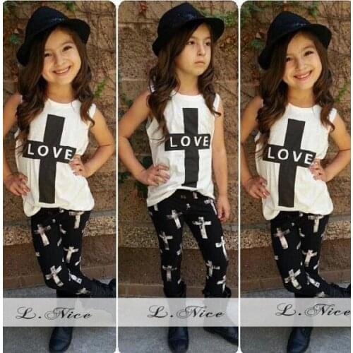 Children LOVE Europe United States Girls Cross Vest + 2 Black Pants Suit Kids Clothing Sets Black White