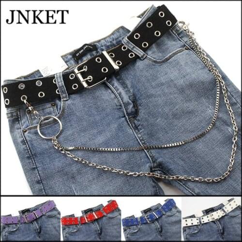 JNKET Unisex Canvas Belt Alloy Double Row Hole Pin Buckle Belt Punk Waist Belt Hollow Out Waist Strap Jeans Rock Belt