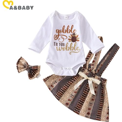 Ma&Baby 0-18M 2020 Thanksgiving Day Baby Girls Clothes Set Letter Romper Ruffles Bow Skirts Overalls Outfits