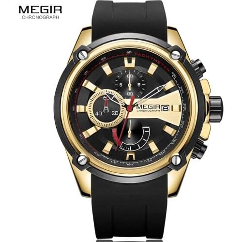 MEGIR Luxury Mens Watches Chronograph Silicone Sports Military Quartz Wrist Watch Man Male Relojes Hombres Army 2086 Gold Black