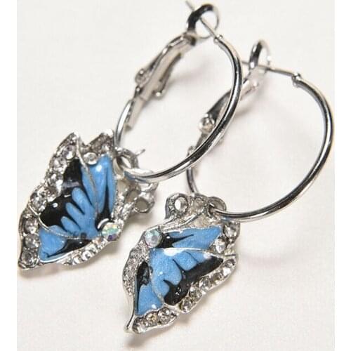 Fashion Cute Blue Butterfly crystal silver plated Hoop Huggie Earrings