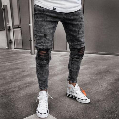 2021 Mens Skinny Jeans Black Ripped Biker Jeans Mens Foot Mouths Zipper Jogging Casual Pencil High -Elastic Long Pants
