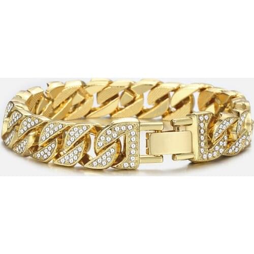 CZ Mens Bracelet Gold Miami Curb Cuban Chain Bracelet For Men Jewelry Gifts Dropshipping 13.5/14/15mm HGB452