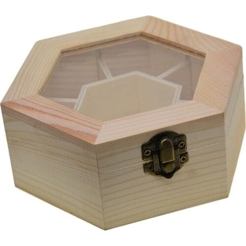 Natural Plain Wooden Jewellery Crafts Storage Box With Glass Lid and Lock Hexagon Shaped Chest Storage Collection Box