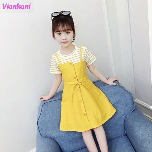 New Baby Girls Dress Summer Teenage Girl Princess Dresses 2021 New Striped Yellow Vestidos Elegant Children Girl Clothing