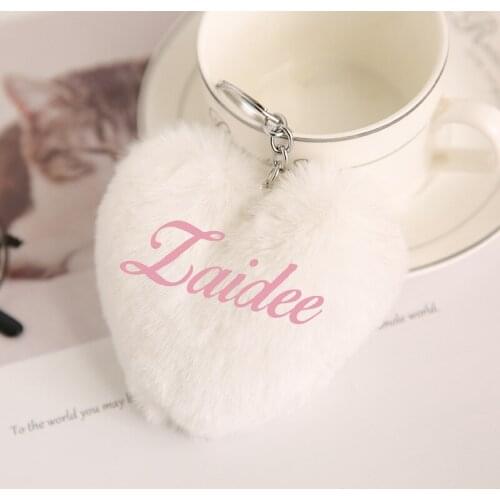 Custom Name Cute Girls Heart Fluffy Fur Pompom Ball Key chains Personalized Women Car Bag Trinket Party Gift Ornaments Keyring