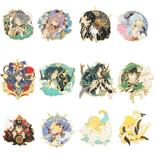 Popular Game Genshin Impact Brooch Barbatos Venti Keqing Zhongli Hu Tao Metal Badge Button Pins Collection Medal Souvenir Gift