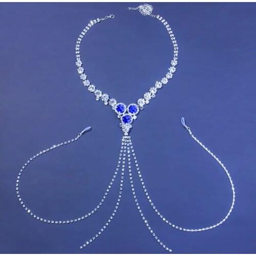 Luxury Sexy Body Chain Set for Women Blue Rhinestone Crystal Tassel Thong Nipple Ring Bra Nightclub Body Jewelry Accessories