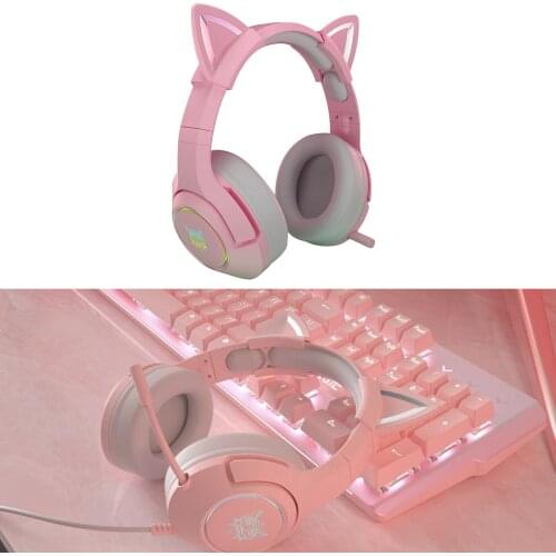 Pink Stereo Gaming Headphones with Mic for Computer Mobile Phone Lightweight Cat Ear Headphones for Women