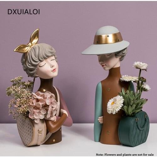 Modern Nordic decorative resin girl standing vase statue cartoon dried flowers living room decoration ornaments home decoration