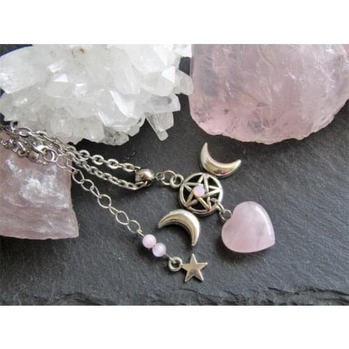 Triple Moon Necklace with Pink Quartz Heart, Wiccan Necklace, Triple Moon Necklace,Witch Jewelry,Pagan Jewelry