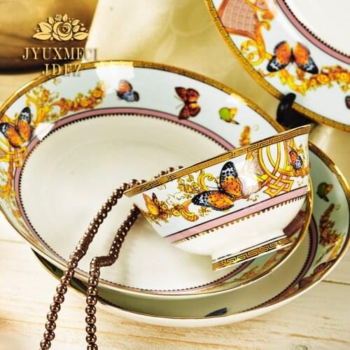 Jingdezhen high-grade bone china tableware set household European bowl, plate and dish luxury hand inlaid gold gift Butterfly Ga