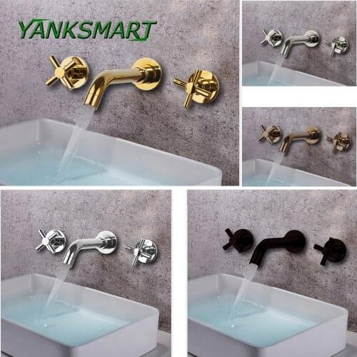 YANKSMART Basin Faucets Wall Mounted Bathroom Sink Basin Mixer Tap Faucet 3 Pcs Gold Chrome Faucet Dual Handle Bathroom Faucet