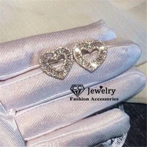 Real S925 Sterling Silver Stud Earrings For Women Heart Cubic Zirconia AAA Ear Studs Wedding Brincos High Quality CCE719