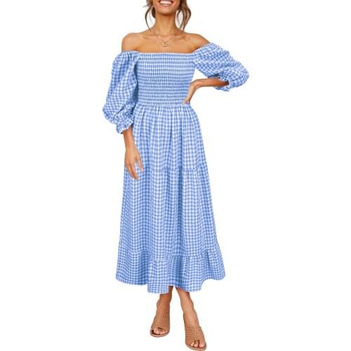 Women Spring Autumn Bohemian Dress Off-shoulder Smocked Puff Sleeve Plaid Casual Long Dress Black/Pink/Yellow/Blue/Green
