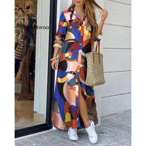 Elegant Letter Print Women Long Dress 2020 Spring Summer Long Sleeve Maxi Dress Casual Female Button Split Party Dress Vestidos