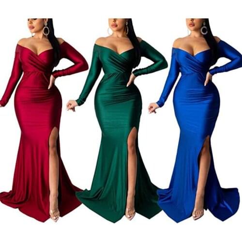 Plus Size Hot Sell Solid Color Off Shoulder Club V-Neck Slit Fall Winter Long Sleeve Formal Satin Women Wedding Dress