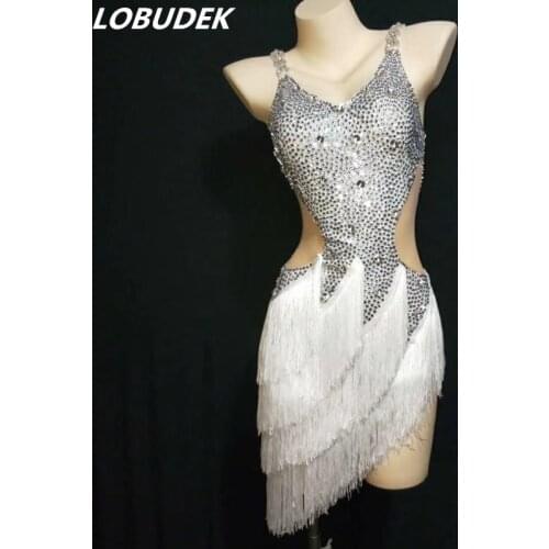 Adult Women Latin Dance Dress Silver Rhinestones White Tassels Dress High-end Competition Dress Dance Team Performance Costume