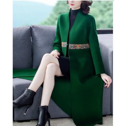 Spring/autumn Woolen Coat Women Retro Embroidered Plus Size 3xl Green Womans Wool Clothes Middle Aged Mother Loose Overcoat