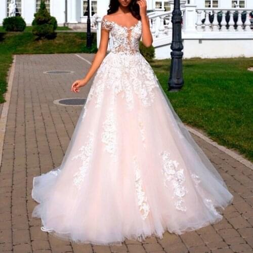 Pink Sweetheart Neck Tulle A Line Wedding Dresses Off the Shoulder Lace Backless Vestido De Noiva 2021 Sweep Train Bridal Gown