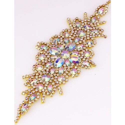 1 PCS Sew on Crystal Patch With Metal Base AB Motif Rhinestone Applique Handmade For Women Wedding Bridal Sash Belt Applique
