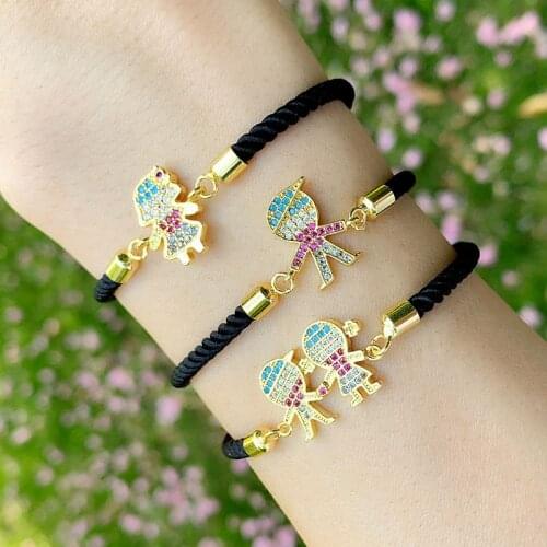2021 Luck Color Jewelry Rainbow CZ Girl Boy For Women Gold Pendant Charm Bracelet Black Rope Link Adjustable For Couples Gift