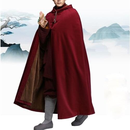 8colors unisex winter warmbuddhist shaolin monk cape kung fu suits robe buddha prayer coat zen lay meditation cloak red/gray