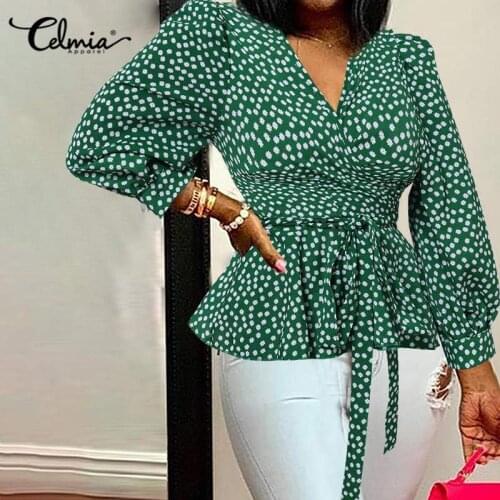 Sexy Deep V Neck Belted Blouses Celmia Womens 2021 Fashion Floral Printed Office Lady Tops Oversized Elegant Shirt Blusas Femme