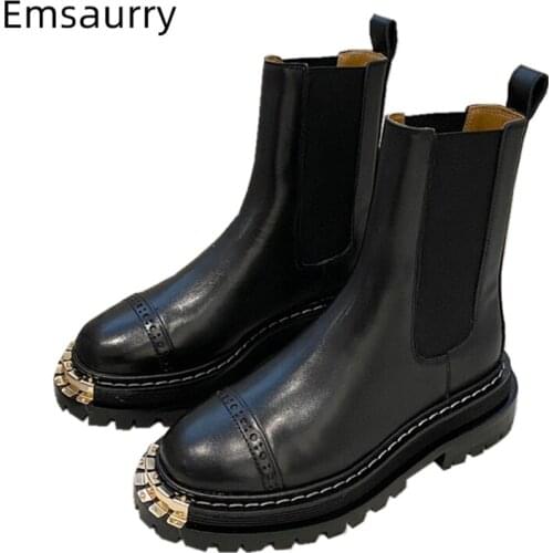 Black Genuine Leather Autumn Winter Botas Mujer Elastic Band Slim Short Booties Metal Decor Round Toe Ankle Boots Women