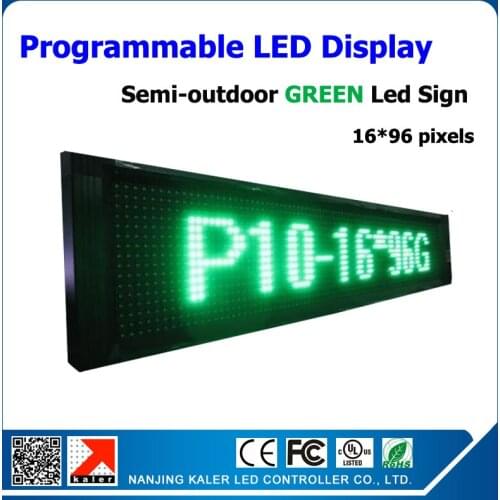 Factory price P10 green color semi-outdoor led display board 1/4 scan text moving advertisement board 16*96 pixels