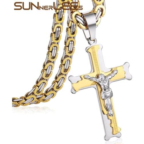 SUNNERLEES Stainless Steel Jesus Christ Cross Pendant Necklace Byzantine Link Chain Silver Color Gold Plated Men Boy Gift SP207