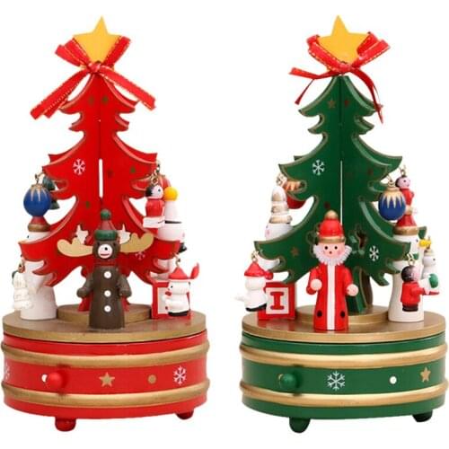Wooden Christmas Tree Figurine with Musicbox Decorative Desktop Musical Box Spinning Tabletop Ornaments Birthday Wedding Decor
