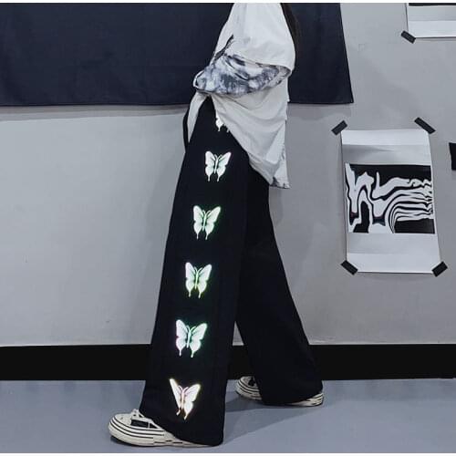HOUZHOU Harajuku Jogging Womens Sports Pants Korean Style Women Wide Leg Reflective Trousers 2021 Fashion Casual Oversize Pants