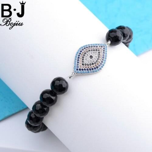 Bojiu Fashion New Bracelet Alloy Rhinestones Evil Eyes Pendant Black Glass Beads Bracelets Elastic Festival Gifts For Men MBC70