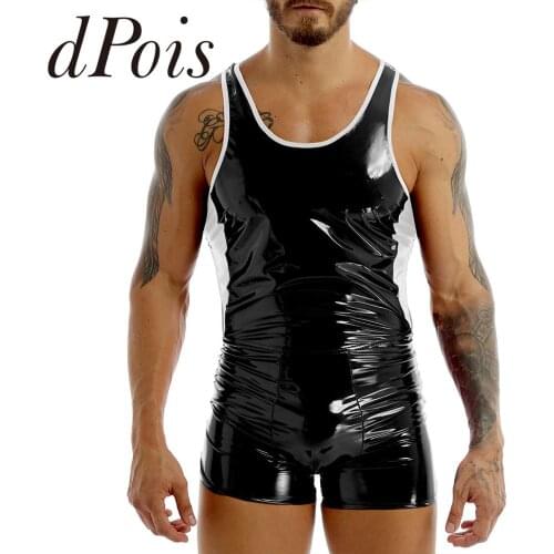 Men One-piece Wet Look Patent Leather Color Block U Neck Sleeveless Backless Skin-Tight Leotard Short Bodysuit Jumpsuit Clubwear