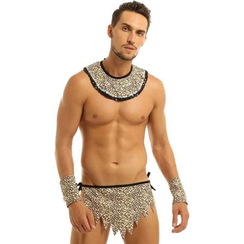 Men Adult Leopard Jungle Man Erotic Savage Caveman Cosplay Costume Collar Loincloth+Wristband for Halloween Party Dress Costume