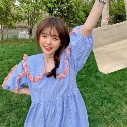 Hstar Pretty Puff Sleeve Dress Summer 2021 Plaid Floral Sweet Kawaii Dress Women College Style Cute Print Ruffle Midi Dress