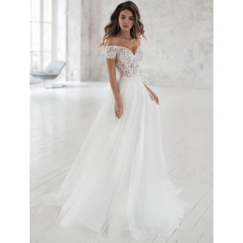 Simple Wedding Dress 2020 Off The Shoulder Appliqued Bride Dresses A-Line Elegant Lace Top Wedding Bridal Gowns 2020 Button Back