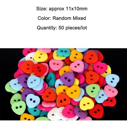 High Quality 50pcs Random Mixed Decorative Buttons 2 Holes 11x10mm Sewing Plastic Buttons Love Heart Flatblck Craft Scrapbooking