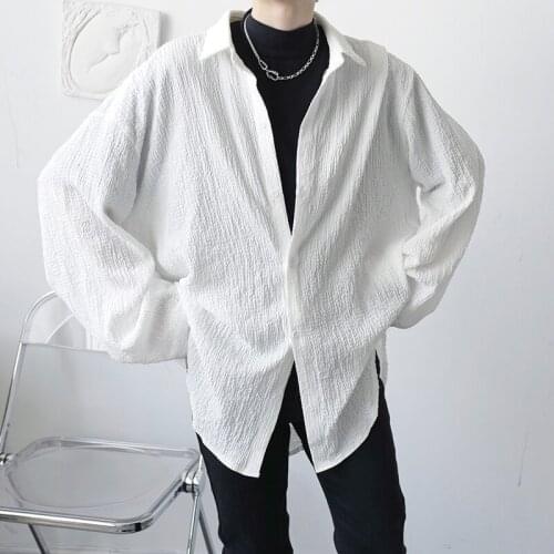 Oversize Shirts Men Korean Streetwear Fashion Pleated Fabric Loose Casual Long Sleeve Shirts Tops Man Women Shirt Cardigan Coat
