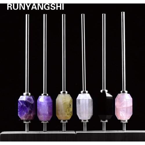 Runyangshi 1pc 2020 New Eco-friendly Reusable Natural crystal amethyst stainless steel Drink straw rose quartz With Brush