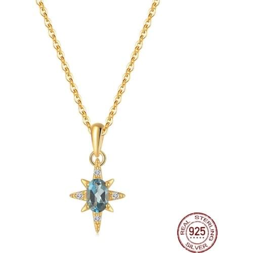S925 Sterling Silver Natural Blue Topaz Pendant Octagonal Star 14K Gold Necklace Female Japanese Light Luxury Color Jewelry