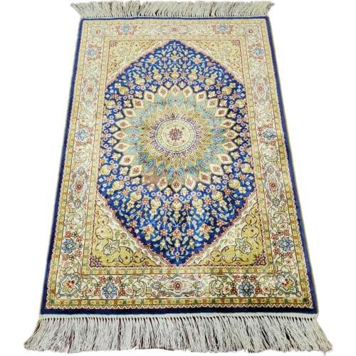 Seeykeep™ 2x3ft Silk Handknotted Stunning Classic Central Medallion Floral Design On Indigo Color and Gold Border Rug-NY3016297