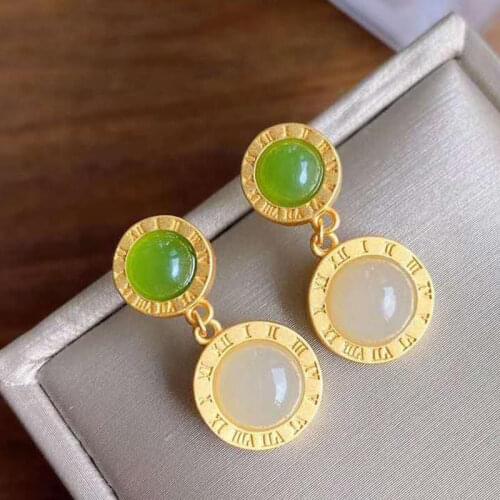 Natural Hetian Jade Earrings Dignified Generous Style S925 Sterling Silver Eardrops Short Small Stylish round Earrings Ladies