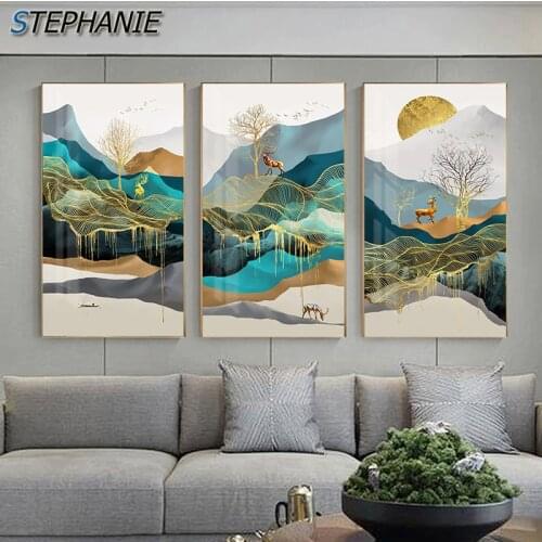 Modern Luxury Golden Abstract Canvas Paintings Mountains Landscape Wall Art Poster Print Chinese Style Home Decoration Pictures